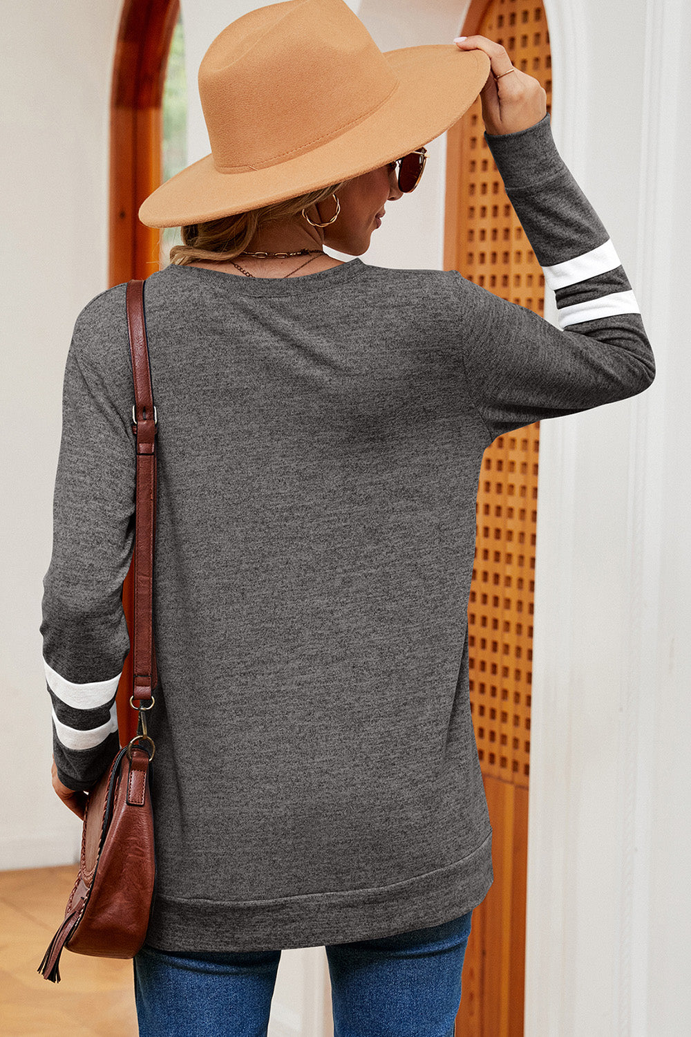 Striped V-Neck Long Sleeve T-Shirt-Jewearrings