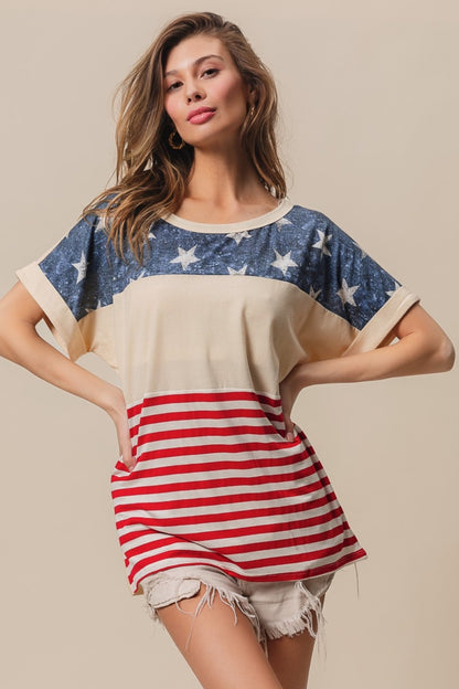 BiBi American Flag Theme Short Sleeve T-Shirt-Jewearrings