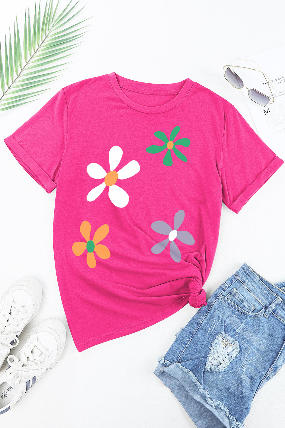 Flower Round Neck Short Sleeve T-Shirt-Jewearrings