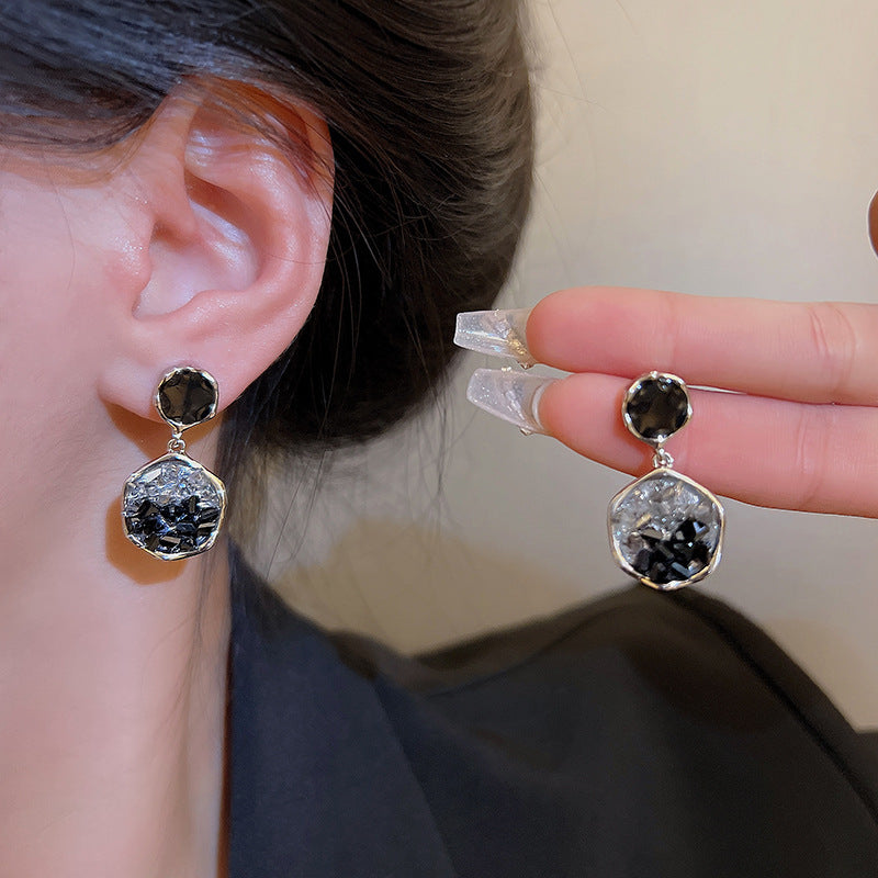 Sterling Silver Needle Irregular Black Crystal Earrings-Jewearrings