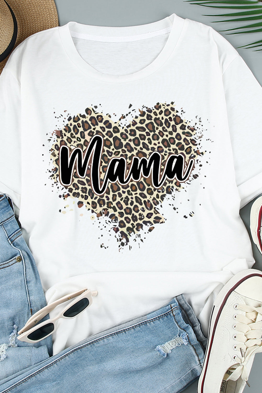 MAMA Leopard Heart Graphic Tee Shirt-Jewearrings