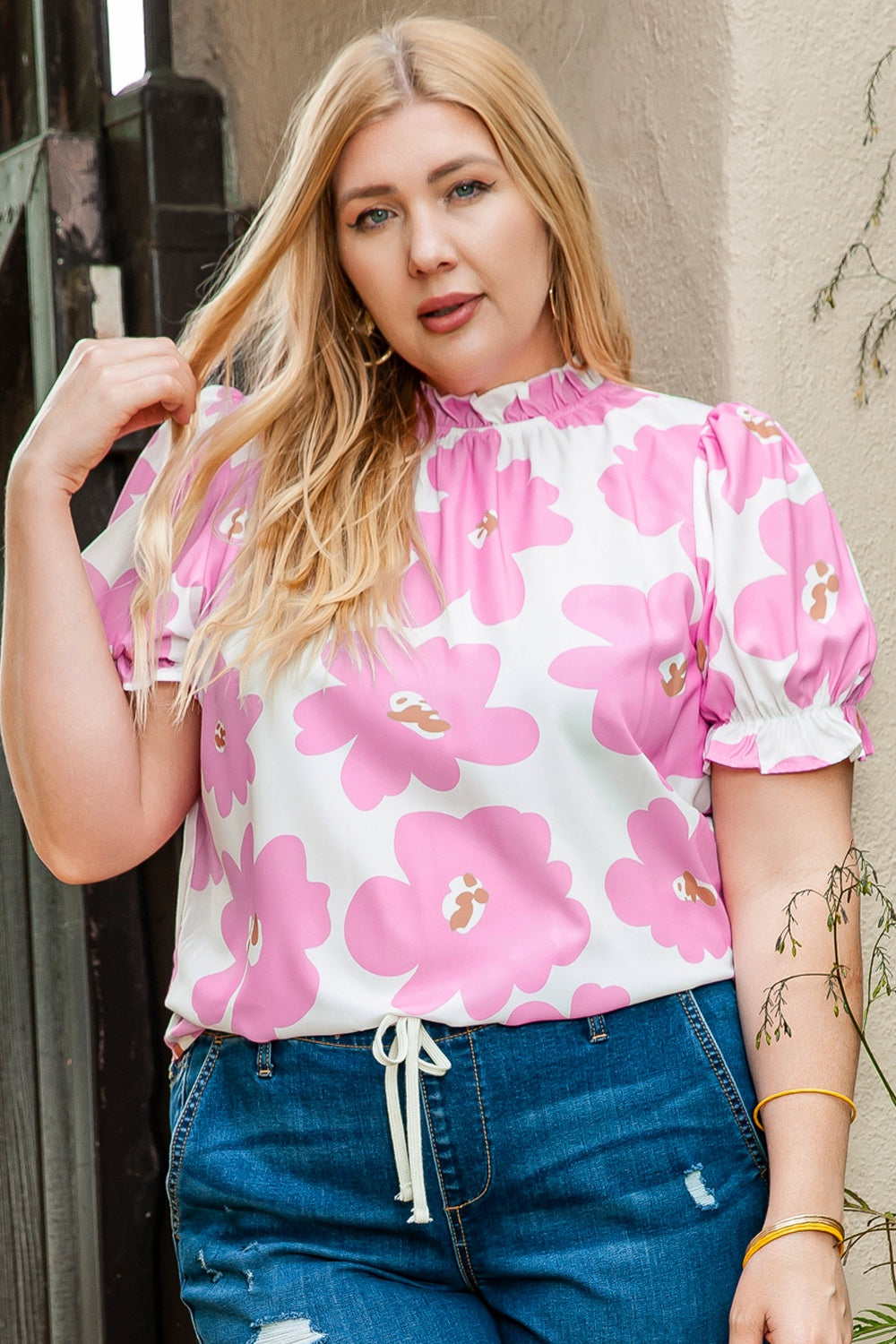 Plus Size Printed Round Neck Short Sleeve Top-Jewearrings