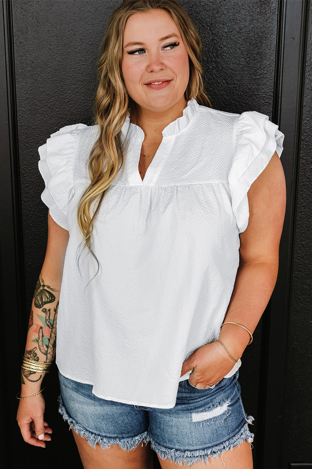 Plus Size Ruffled Notched Cap Sleeve Blouse-Jewearrings