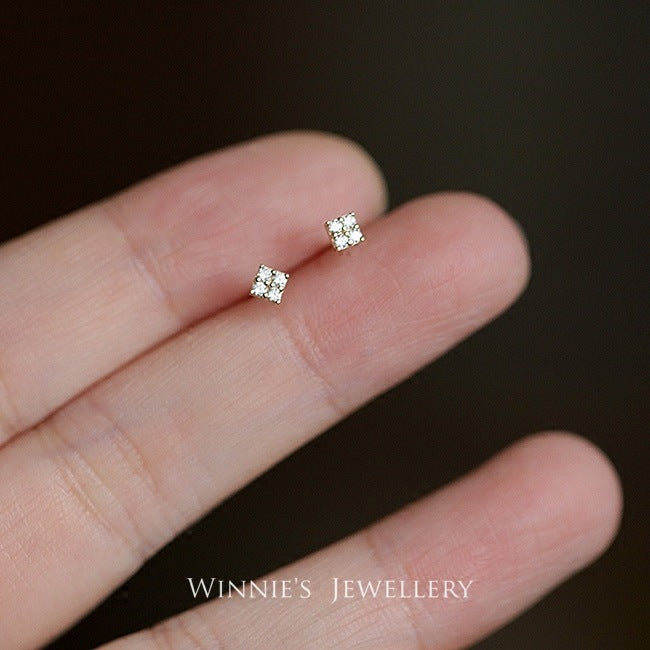 Simple Sterling Silver Plated Gold Inlaid Carbink Mini Square Stud Earrings All-matching Twin-Jewearrings