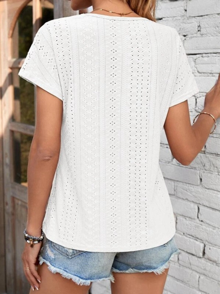 Eyelet V-Neck Short Sleeve T-Shirt-Jewearrings