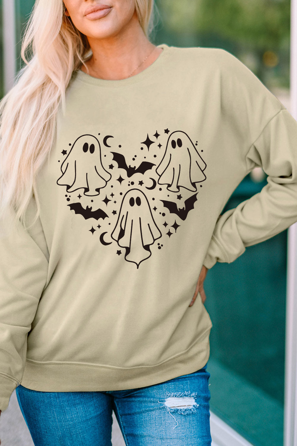 Round Neck Dropped Shoulder Ghost Graphic Sweatshirt-Jewearrings