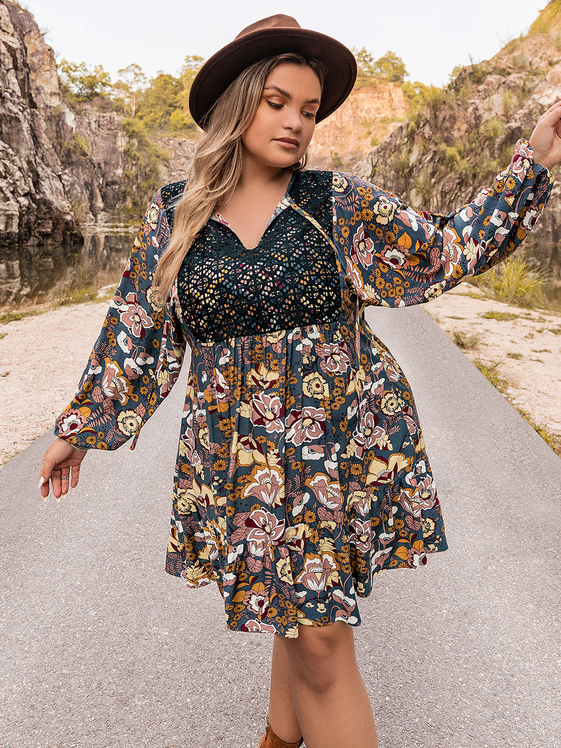 Plus Size Floral Tie Neck Balloon Sleeve Mini Dress-Jewearrings