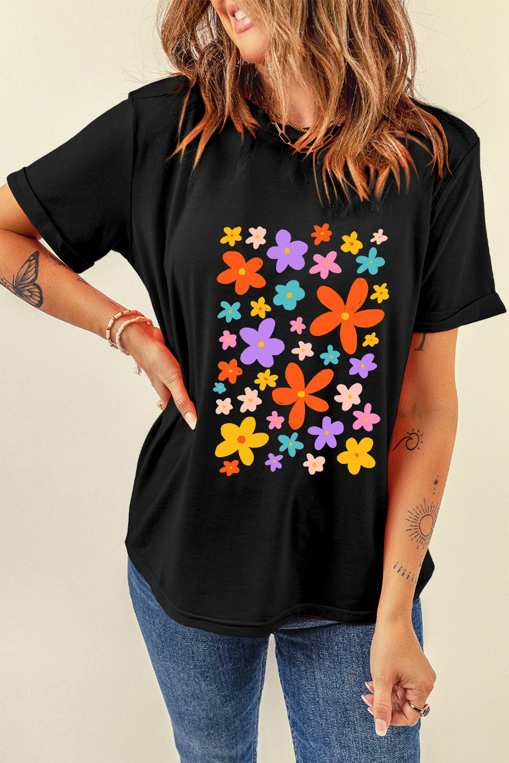 Flower Graphic Round Neck Short Sleeve T-Shirt-Jewearrings