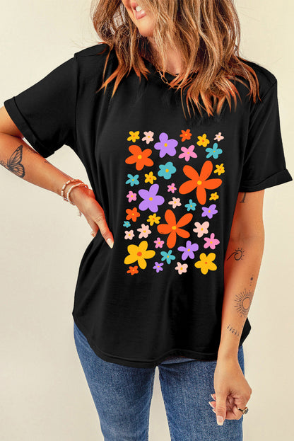 Flower Graphic Round Neck Short Sleeve T-Shirt-Jewearrings