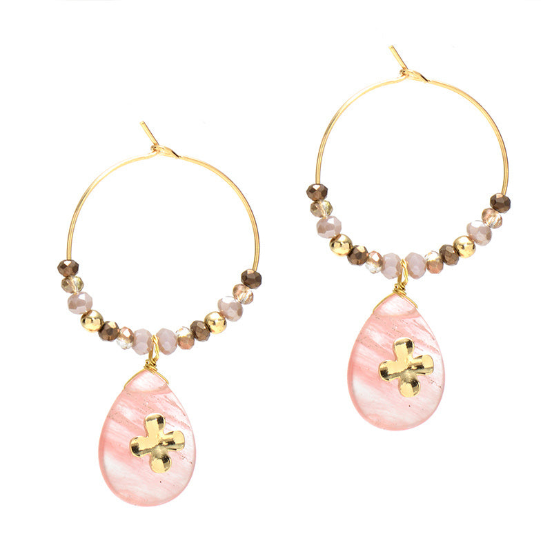 Women Fashion Natural Stone Hoop Earrings With Pink Waterdrop Stone-Jewearrings