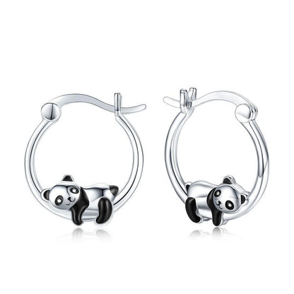 Sterling Silver Panda Small Animal Hug Hoop Earrings For Sensitive Ears Silver Earrings-Jewearrings