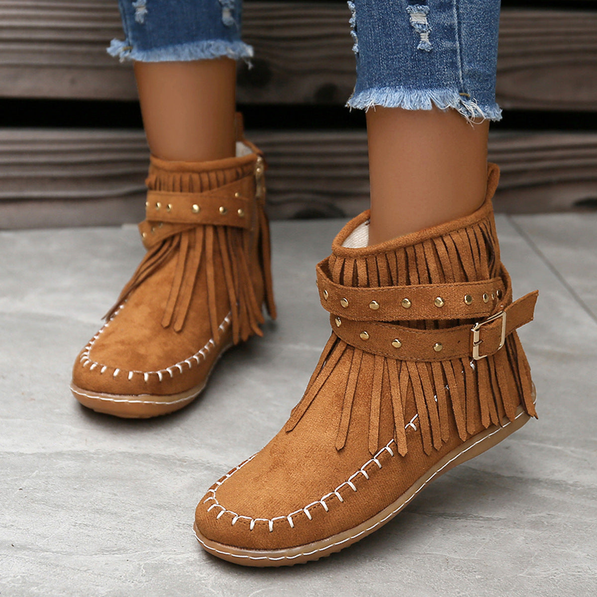 Studded Fringe Round Toe Boots-Jewearrings