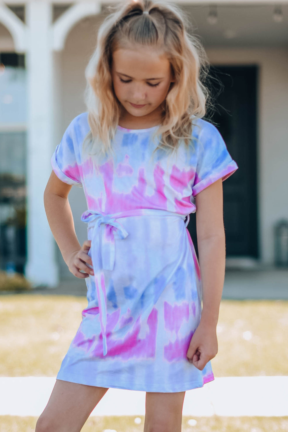 Girls Tie-Dye Belted T-Shirt Dress-Jewearrings