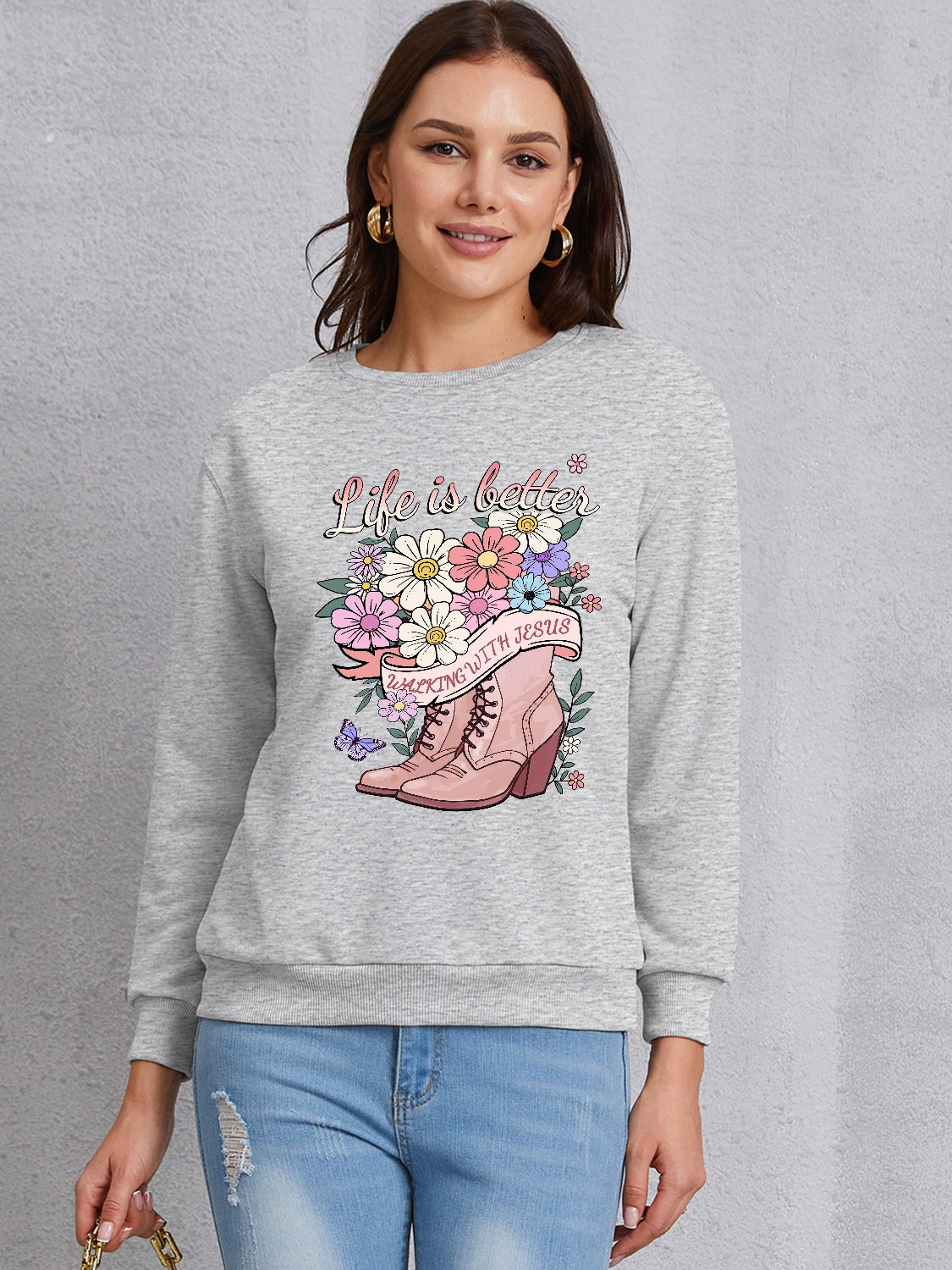 Graphic Round Neck Long Sleeve Sweatshirt-Jewearrings