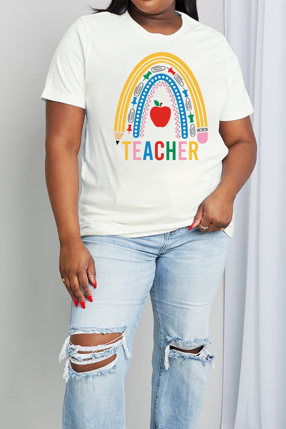 Simply Love Full Size TEACHER Rainbow Graphic Cotton Tee-Jewearrings