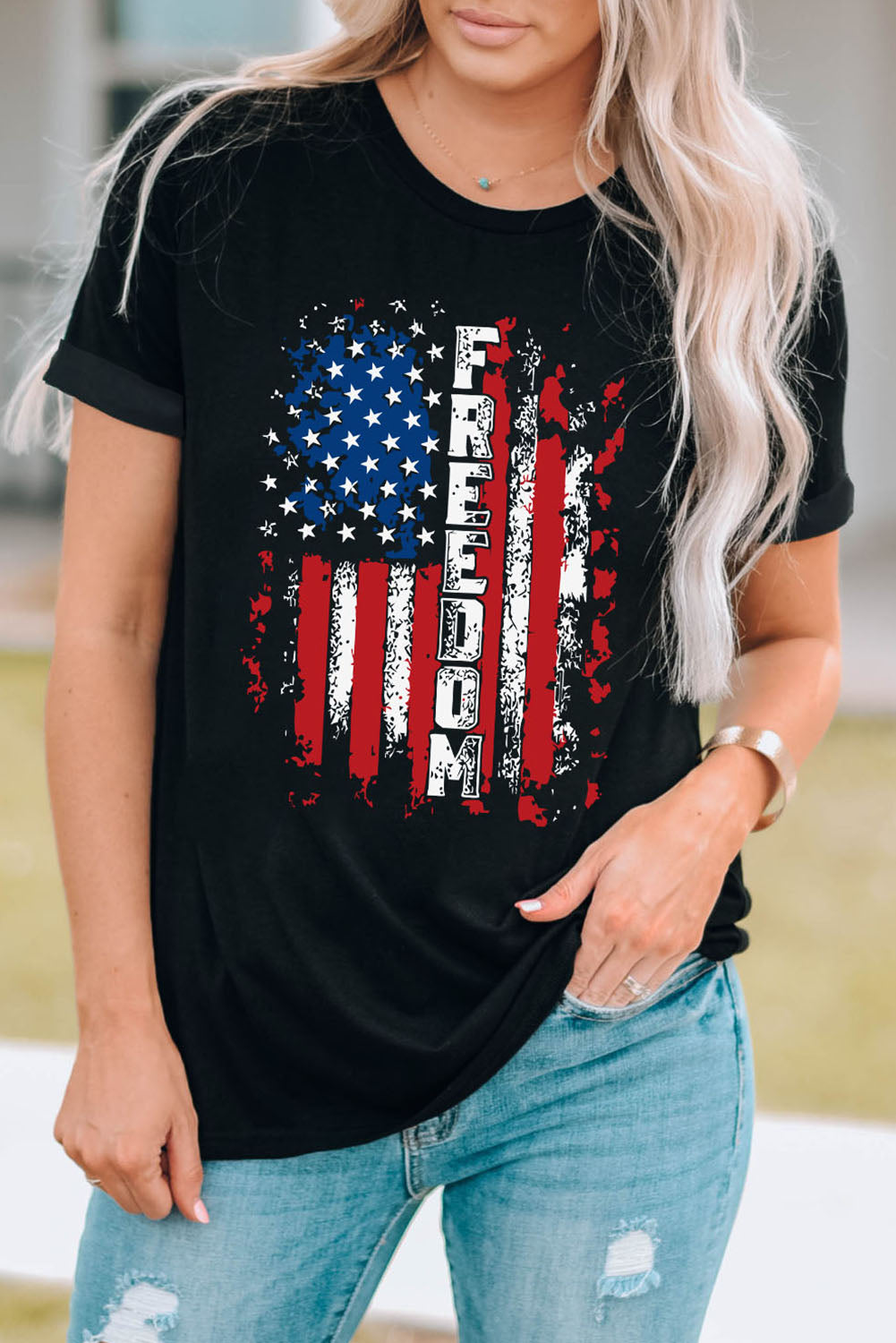 FREEDOM US Flag Graphic Round Neck Tee-Jewearrings