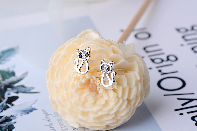 Sterling Silver Black Eye Cat Stud Earrings-Jewearrings