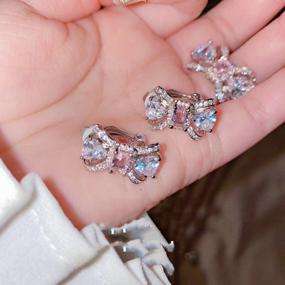 Gentle peach blossom drop zircon bow earrings-Jewearrings