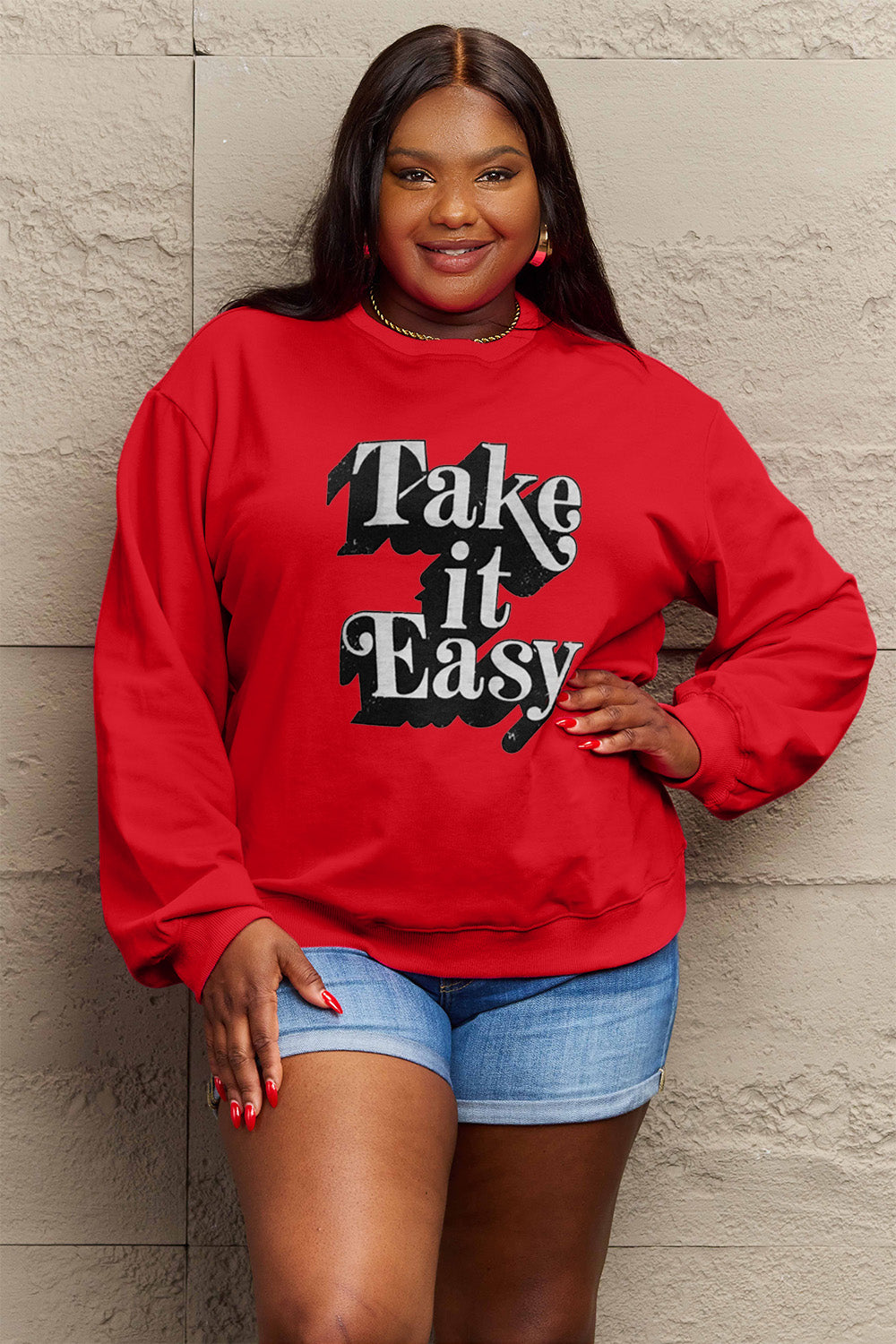 Simply Love Full Size TAKE IT EASY Graphic Sweatshirt-Jewearrings