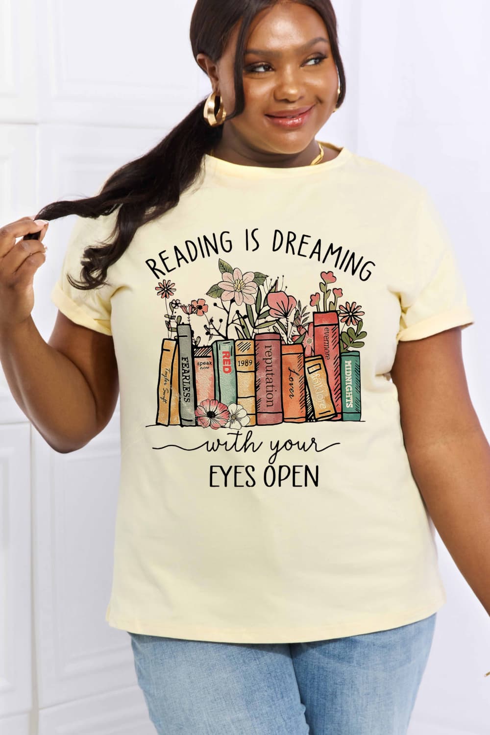 Simply Love Simply Love Full Size READING IS DREAMING WITH YOUR EYES OPEN Graphic Cotton Tee-Jewearrings