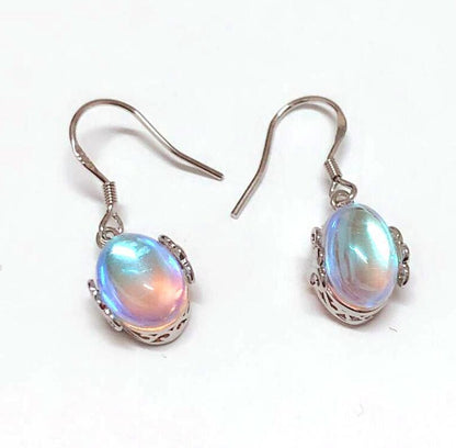 Moonstone Teardrop Earrings Oval Opal Copper Droplets Dangle Earrings-Jewearrings