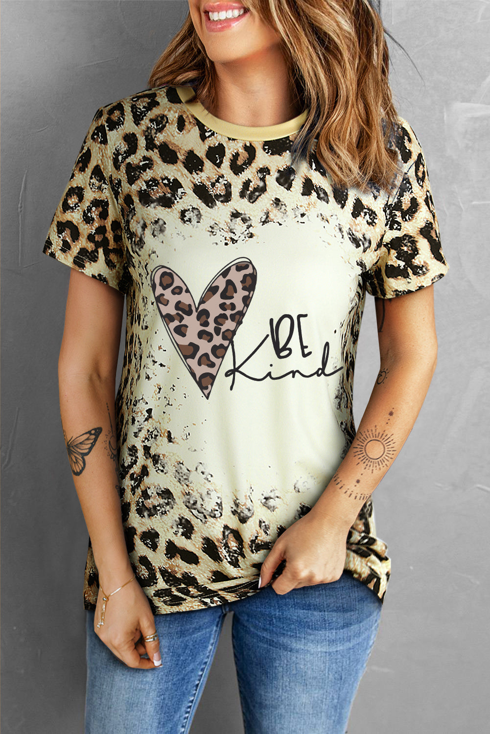 BE KIND Heart Graphic Leopard Round Neck Tee-Jewearrings