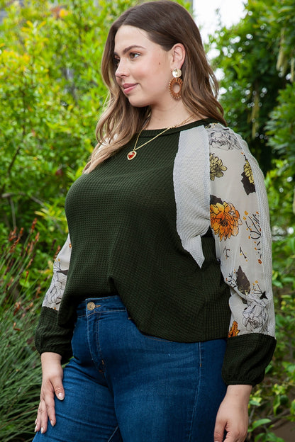 Plus Size Floral Waffle-Knit Round Neck Blouse-Jewearrings