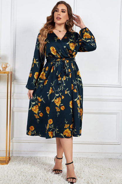 Melo Apparel Plus Size Floral Print Surplice Neck Midi Dress-Jewearrings