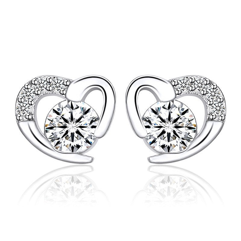 Female S925 Sterling Silver Needle Love Heart Stud Earrings-Jewearrings