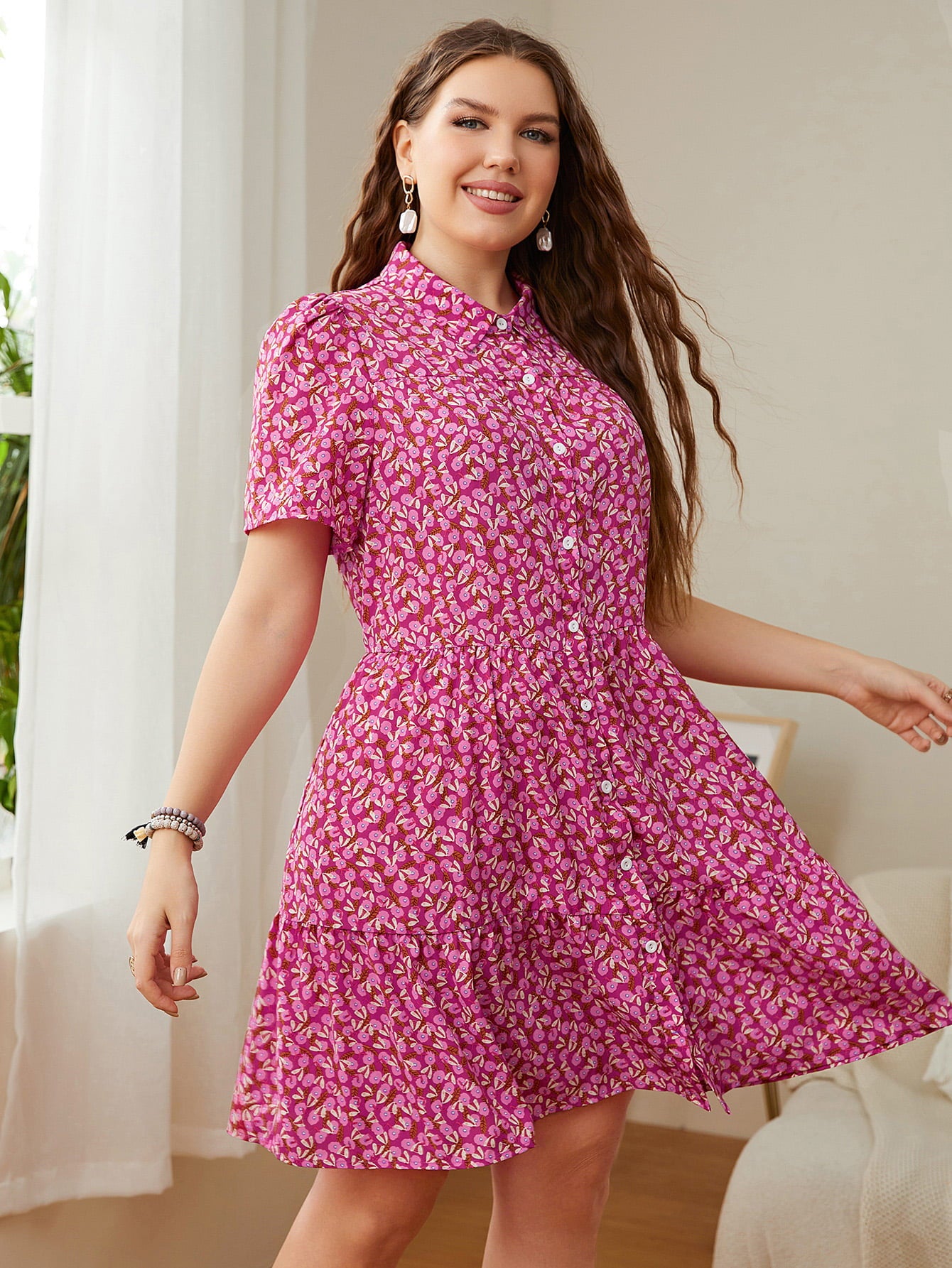 Plus Size Printed Short Sleeve Collared Dress-Jewearrings