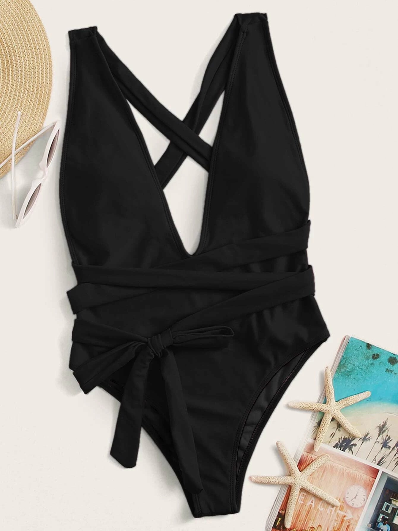 Halter Neck Deep V Tied One-Piece Swimsuit-Jewearrings