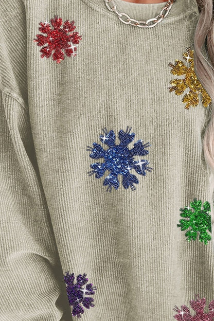 Sequin Snowflake Round Neck Sweatshirt-Jewearrings