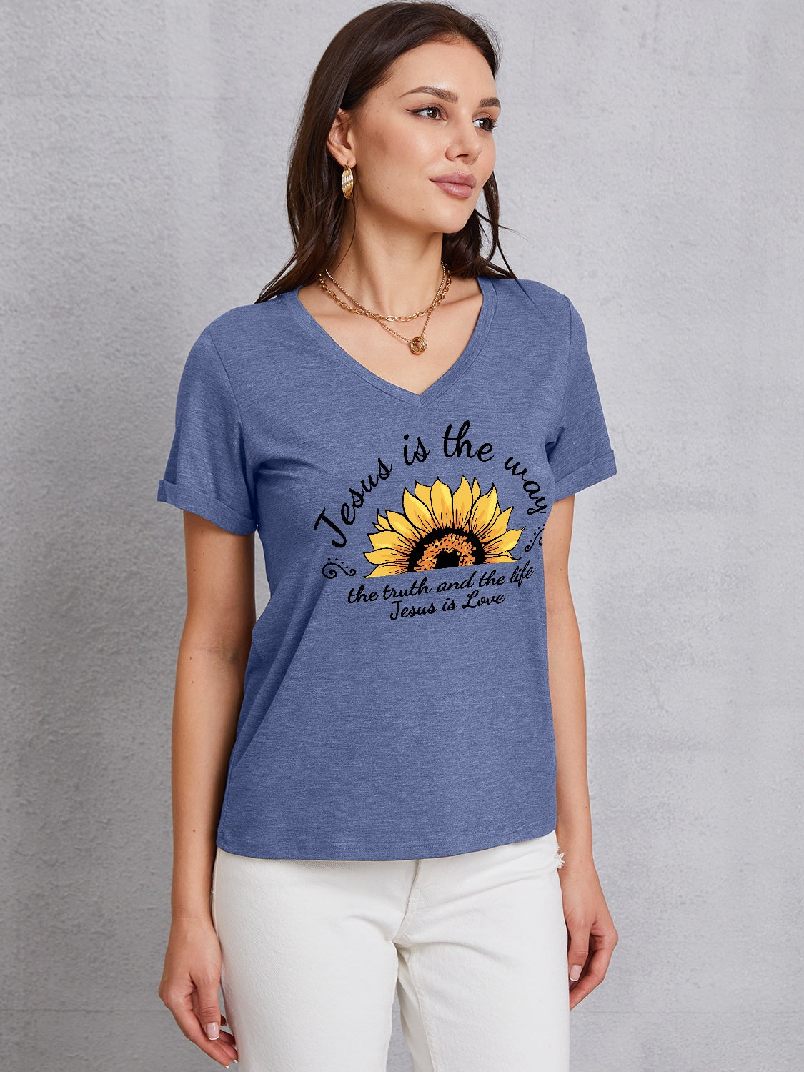 Sunflower V-Neck Short Sleeve T-Shirt-Jewearrings