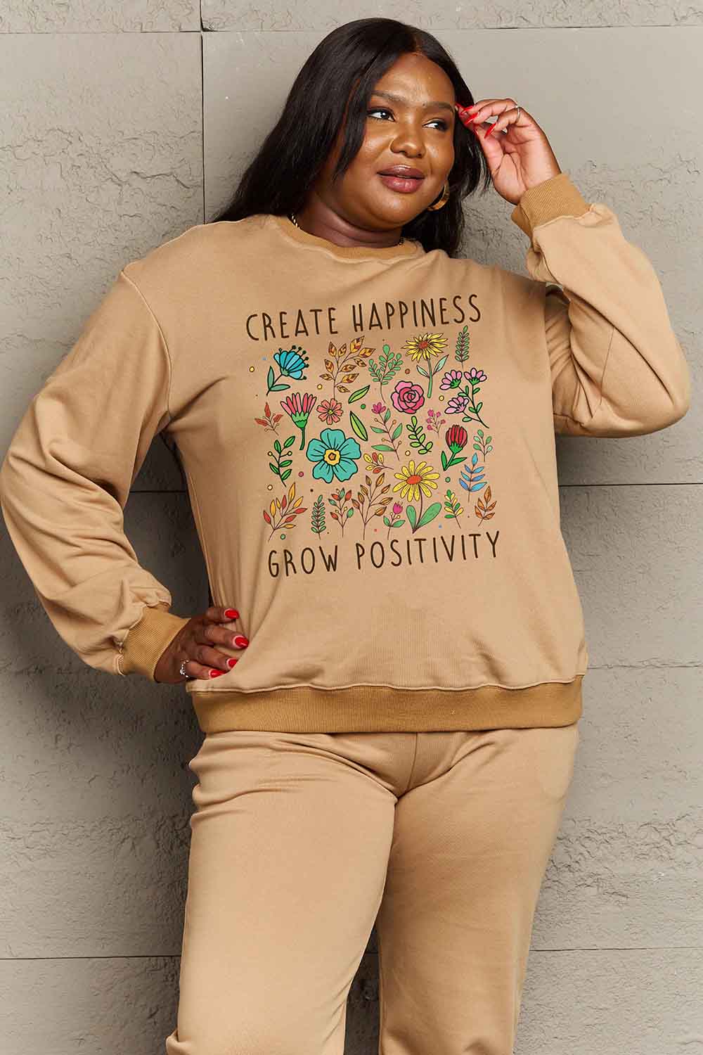 Simply Love Full Size CREATE HAPPINESS GROW POSITIVITY Graphic Sweatshirt-Jewearrings