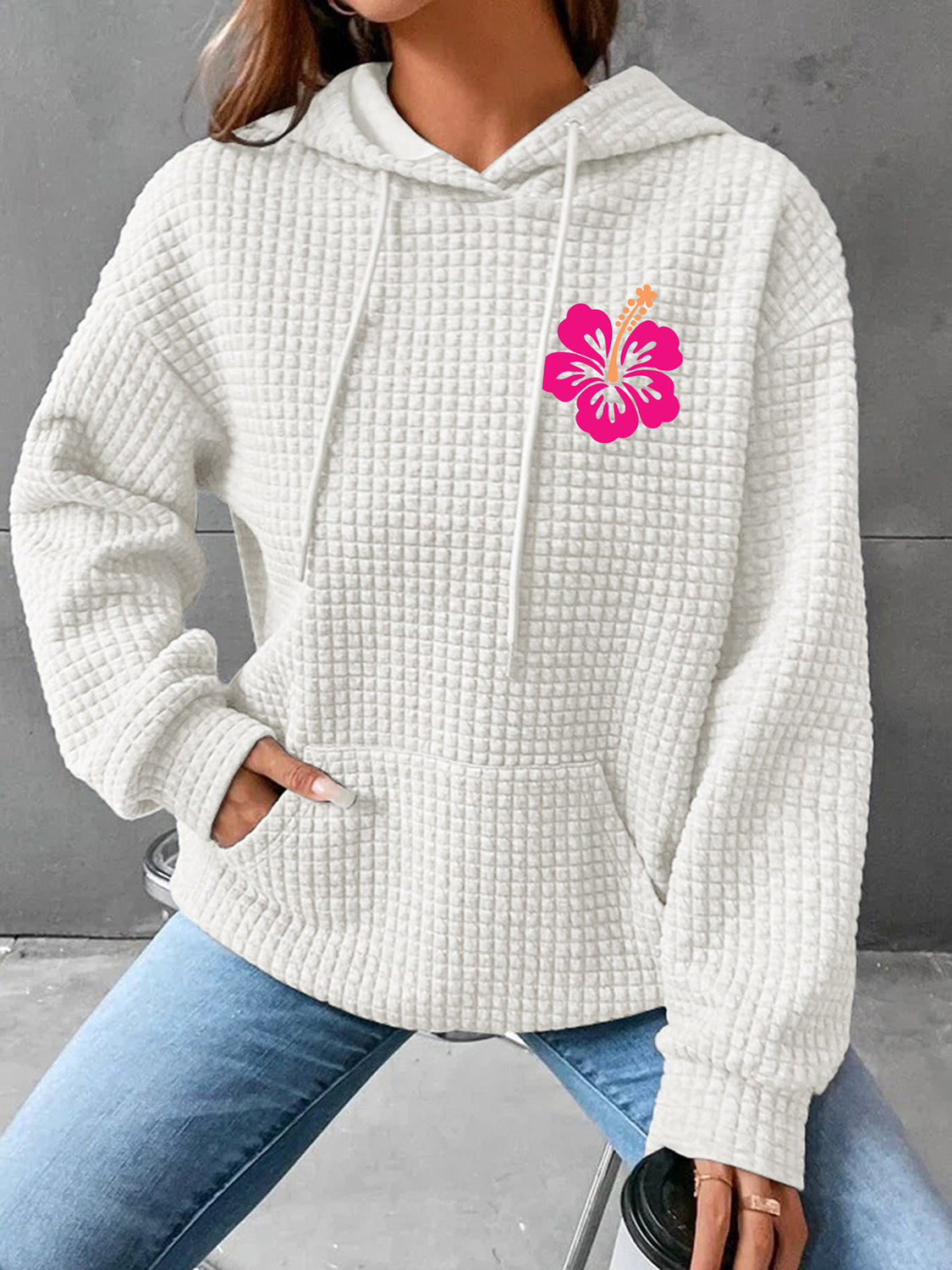 Full Size Flower Graphic Textured Hoodie with Pocket-Jewearrings