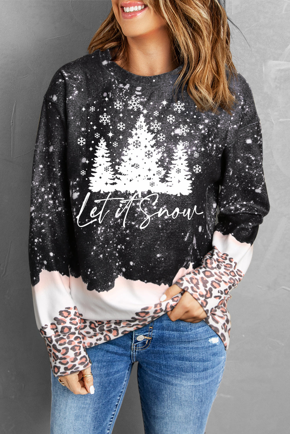 LET IT SNOW Graphic Leopard Sweatshirt-Jewearrings