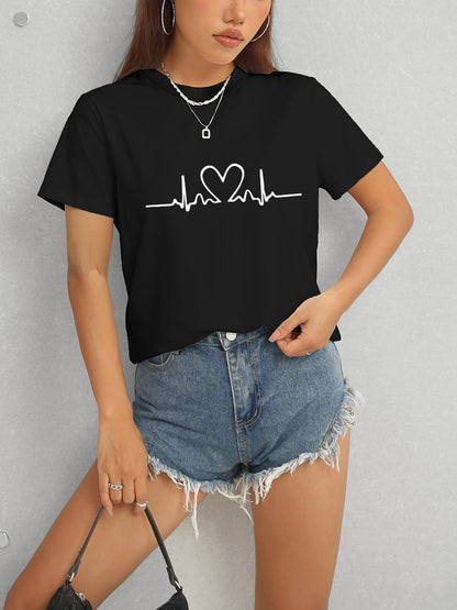 Heart Round Neck Short Sleeve T-Shirt-Jewearrings