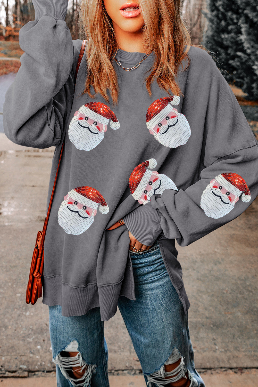 Sequin Santa Round Neck Slit Sweatshirt-Jewearrings