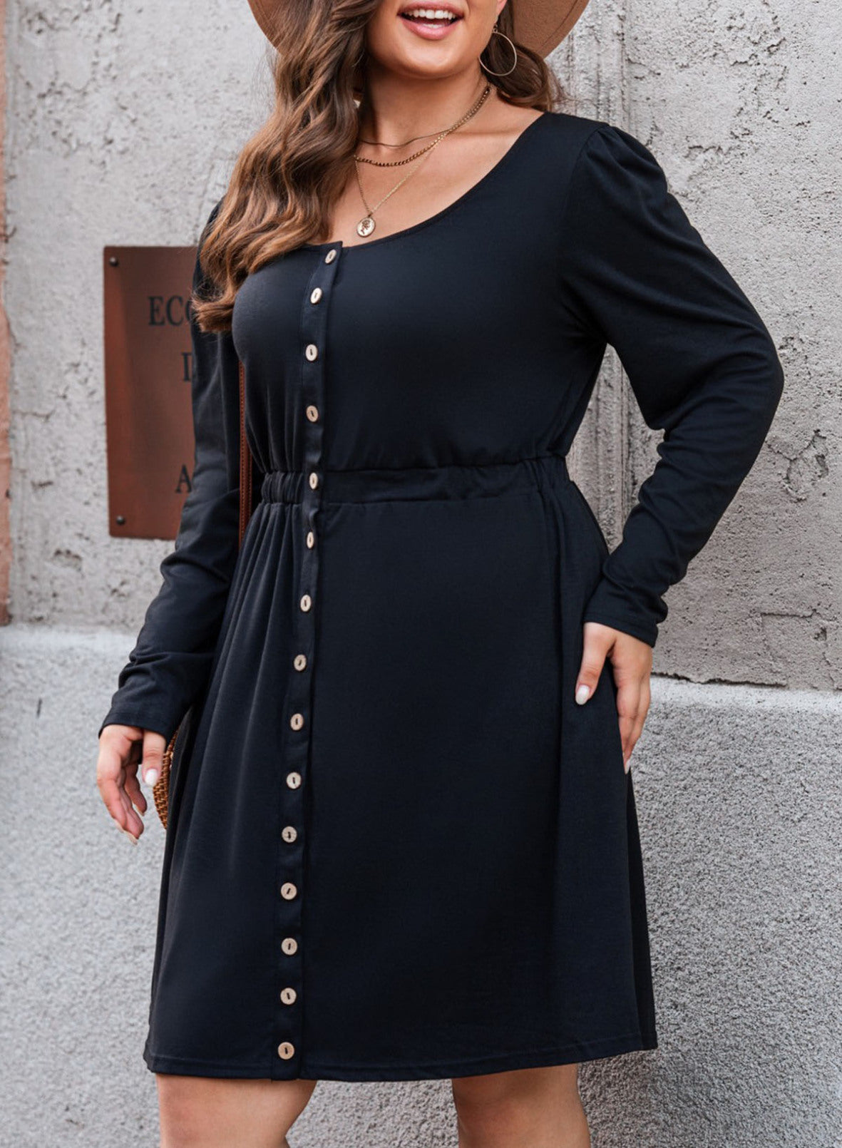 Plus Size Button Front Elastic Waist Long Sleeve Dress-Jewearrings