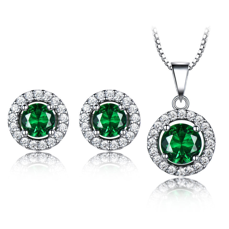 Emerald 925 Sterling Silver Round Earrings Pendants Two-Piece Outfit-Jewearrings