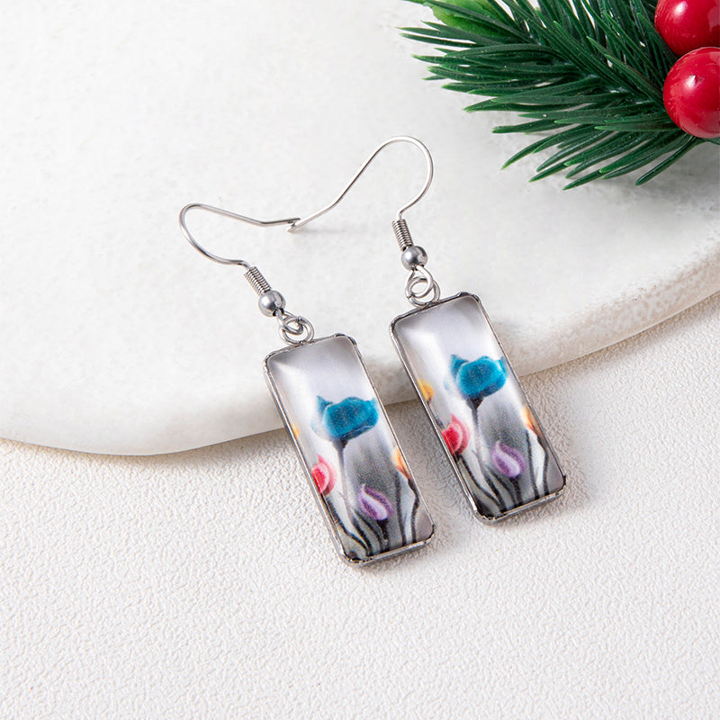 2023 New Flowers Tulip Time Gemstone Dangle Earrings Creative Square Stainless Steel Earrings-Jewearrings