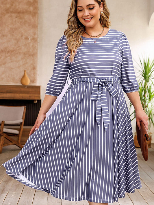 Plus Size Round Neck Striped Tie Waist Dress-Jewearrings