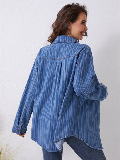 Pocketed Striped Button Up Denim Shirt-Jewearrings