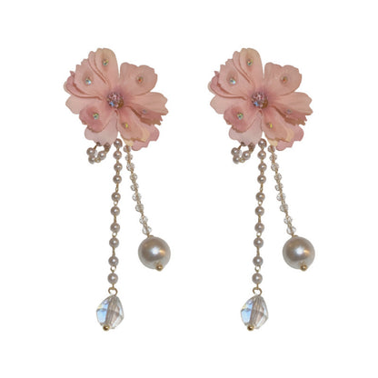 Pearl Flower Earrings Silver Crystal Tassel-Jewearrings