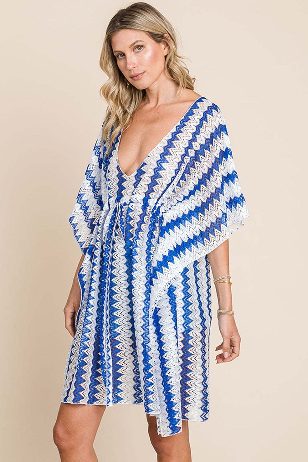 Cotton Bleu by Nu Lab Tied Striped Plunge Half Sleeve Cover-Up-Jewearrings