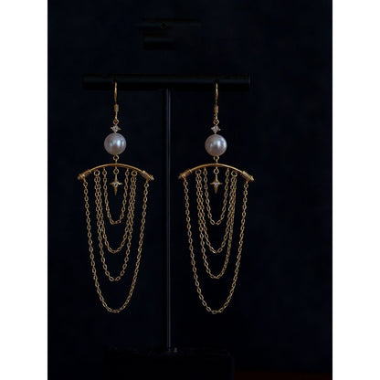 Original Design Vintage Chain Tassel Pearl Long Earrings-Jewearrings