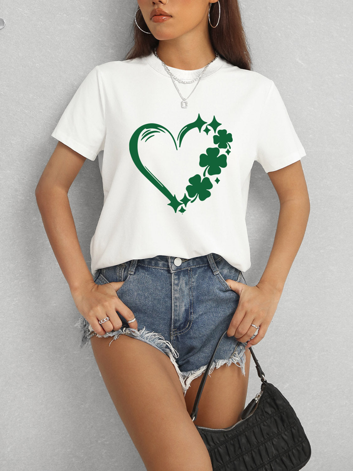 Heart Lucky Clover Round Neck Short Sleeve T-Shirt-Jewearrings