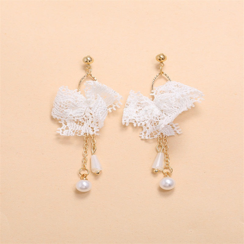 Japanese And Korean Lace Bow Tassel Sweet Earrings-Jewearrings