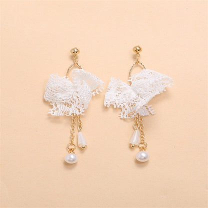 Japanese And Korean Lace Bow Tassel Sweet Earrings-Jewearrings