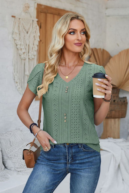 Decorative Button Eyelet V-Neck Short Sleeve T-Shirt-Jewearrings